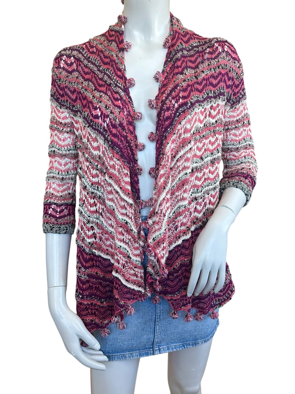 Anthropologie Moth Pink Purple White Knit Tassel Trim Open Wool Blend Cardigan